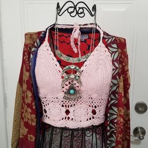 Boho Pink Knit Crochet Cropped Halter Top Handmade. Size: O/S.
